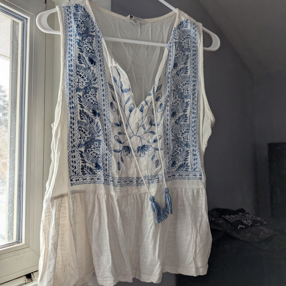 Embroidered Blue and White Women's Top